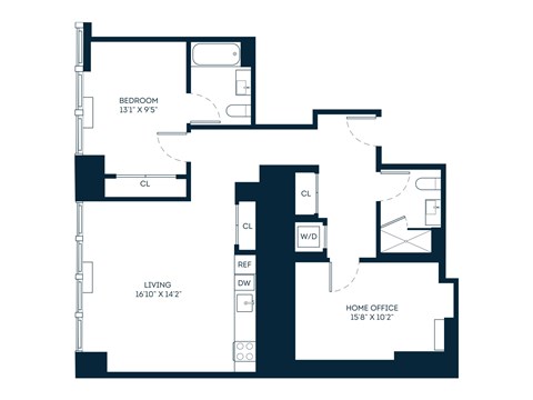Floor plan for 1 bed, 2 baths, 1066 sqft